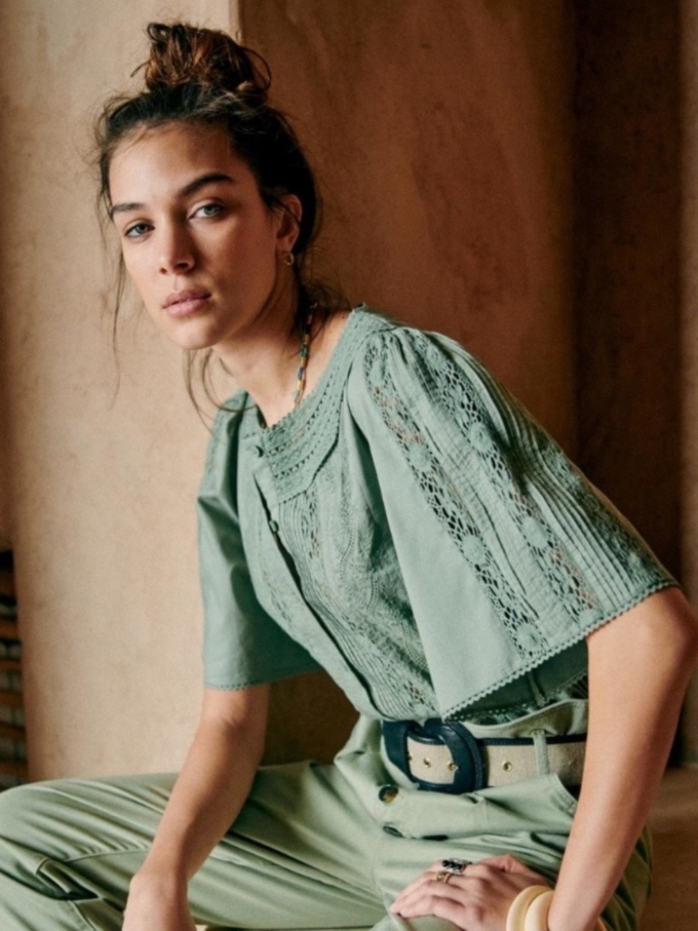Sezane Embroidered Jane Blouse in Verdigris 36 USA 4